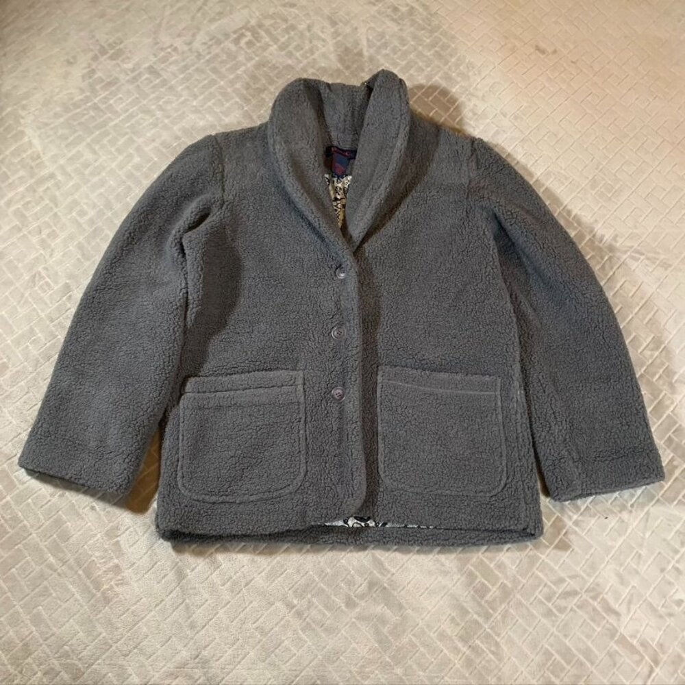 Denim & Co Woemsn Small Jacket Gray Teddy Sherpa With Pockets Paisley Lining